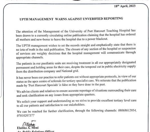  University of Port Harcourt Teaching Hospital warns against unverified reporting.
